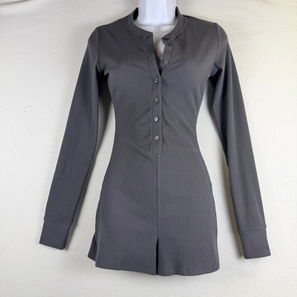 Garage Ribbed‎ Henley Long Sleeve Romper Charcoal Grey XS